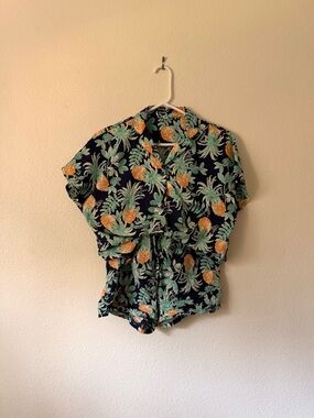 Uniqlo Floral Pineapple Two-Piece Short Set - Navy, Mint & Peach